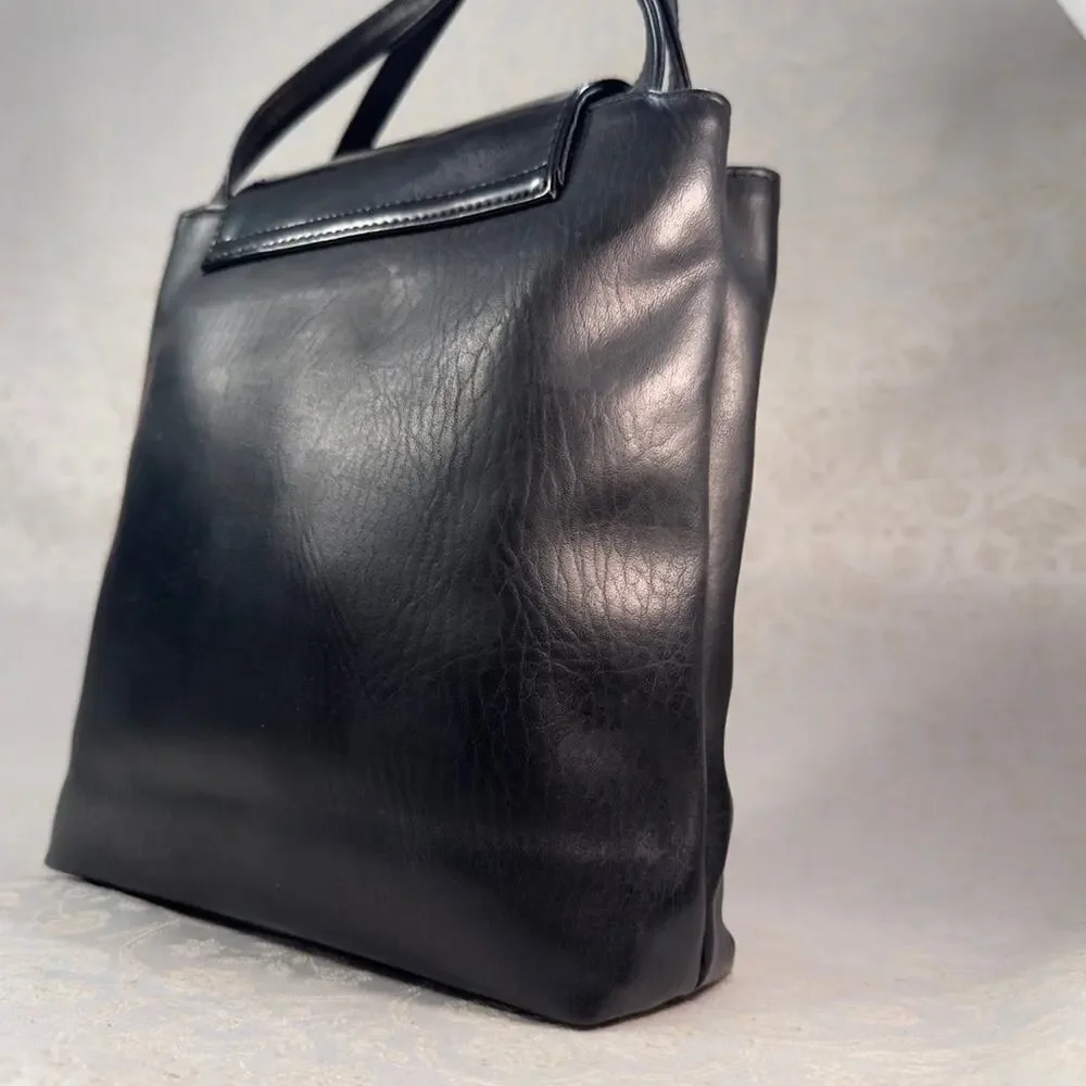 Faux Leather Sleek Black Shoulder Bag Silver Hardware